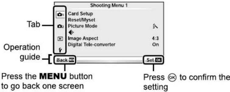 Shooting Menu 1 Card Setup Reset/Myset Picture Mode Image Aspect 4:3 Digital Tele-converter On Tab Operation guide Back OK Set OK Press the MENU button to go back one screen Press ⏻ to confirm the setting