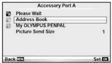 Accessory Port A Please Wait Address Book My OLYMPUS PENPAL Picture Send Size 1 Back View Set OK