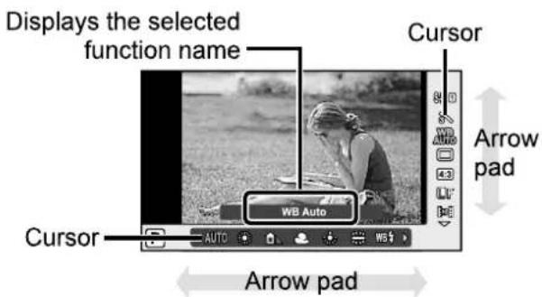 Displays the selected function name Cursor Arrow pad WB Auto Cursor AUTO W5 Arrow pad