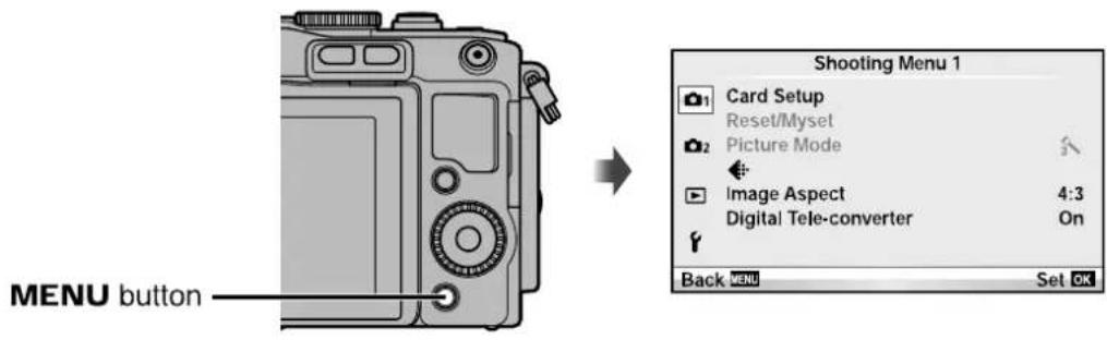 MENU button Shooting Menu 1 Card Setup Reset/Myset Picture Mode Image Aspect 4:3 Digital Tele-converter On Back MENU Set OK