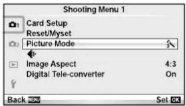 Shooting Menu 1 Card Setup Reset/Myset Picture Mode Image Aspect 4:3 Digital Tele-converter On Back Set OK