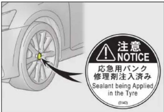 注意 NOTICE 応急用パンク 修理剤注入済み Sealant being Applied in the Tyre (5140)