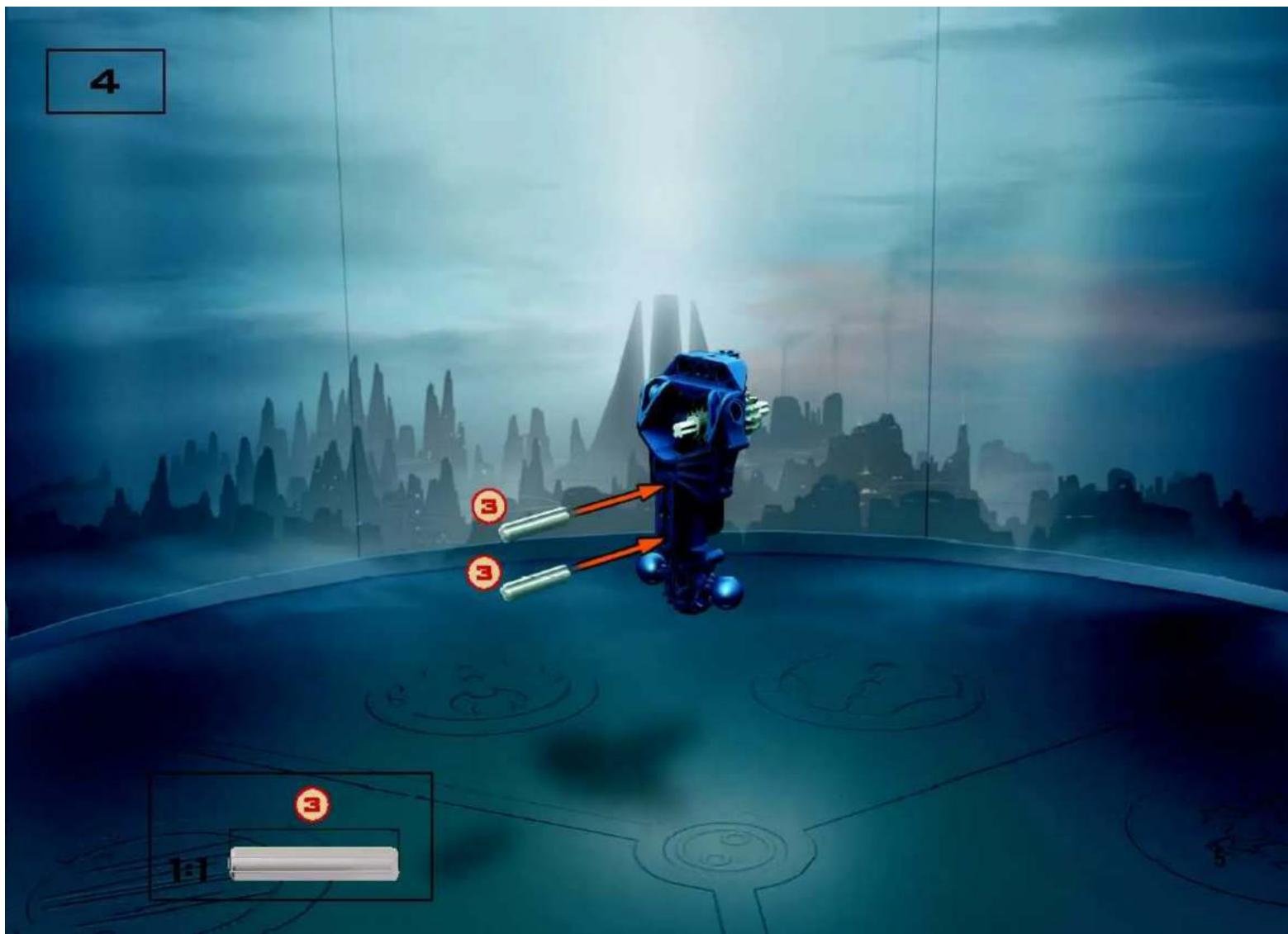 Game screenshot showing a character in a futuristic scene with numbered annotations and UI elements