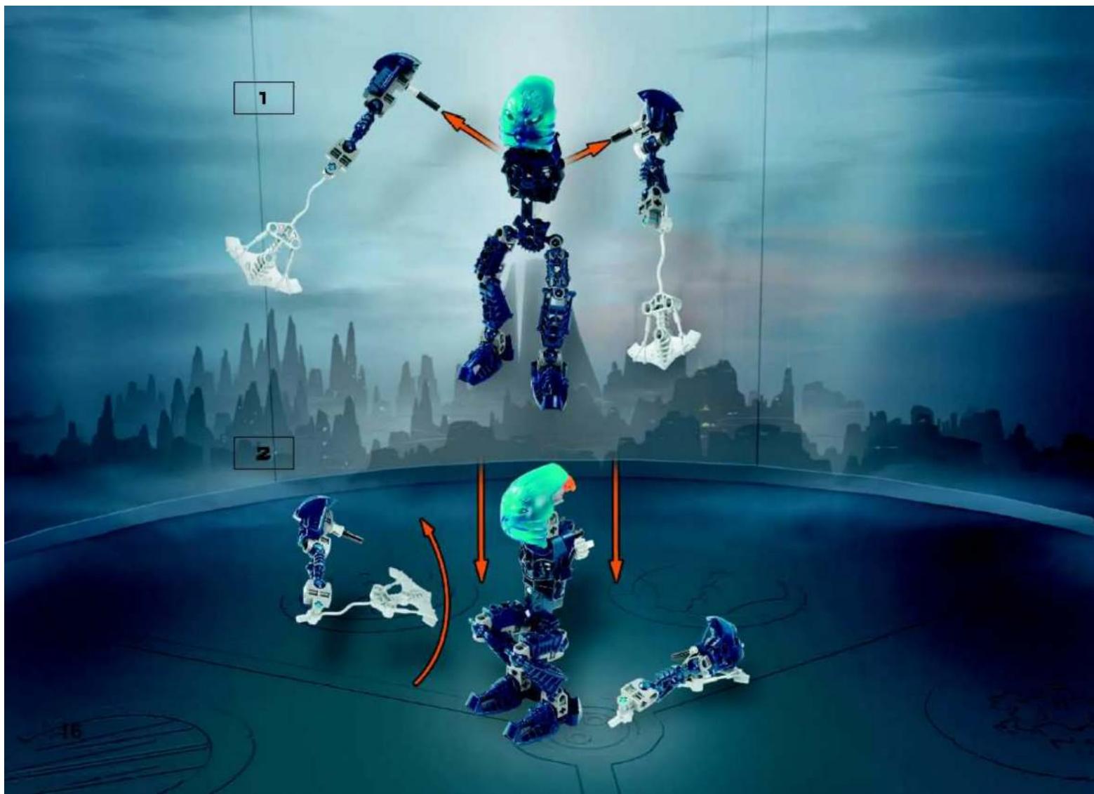 Game scene with robotic arm and character pieces, labeled with numbers 1, 2, 16, and a red arrow indicating motion or action.