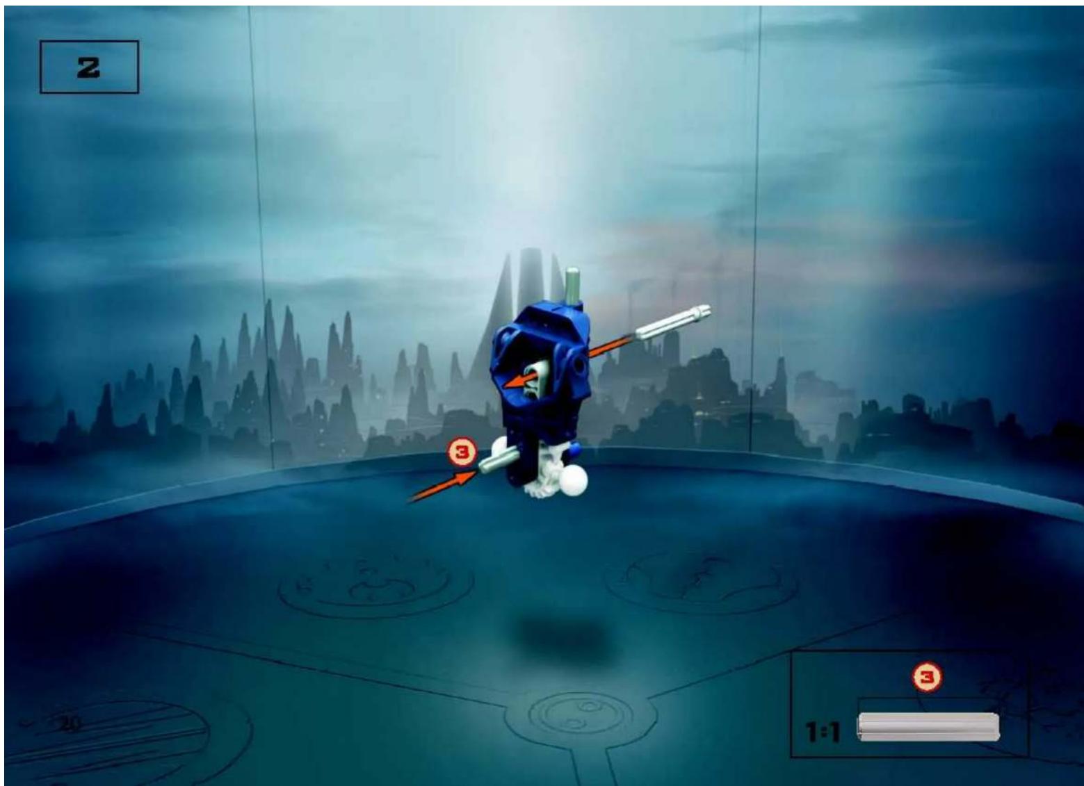 Game screenshot showing a character in a blue helmet with numbered annotations and UI controls, set against a cityscape background.
