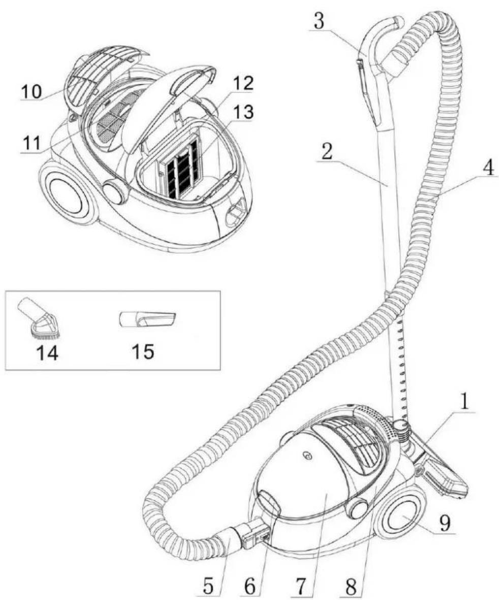 Technical diagram of a vacuum cleaner with numbered parts and exploded view, including internal structure and component labels.