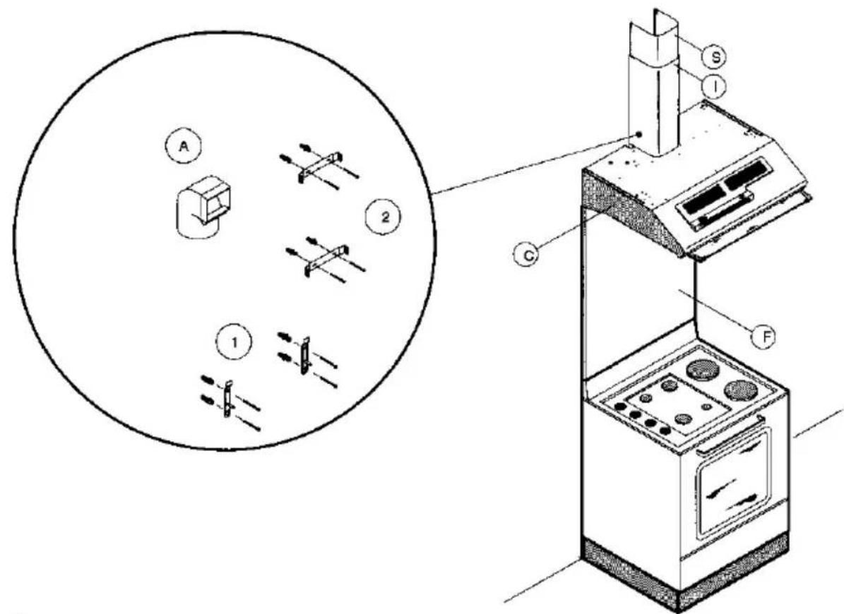 Technical diagram of a kitchen appliance with labeled parts including a circular inset showing internal components and a 3D view of the oven.