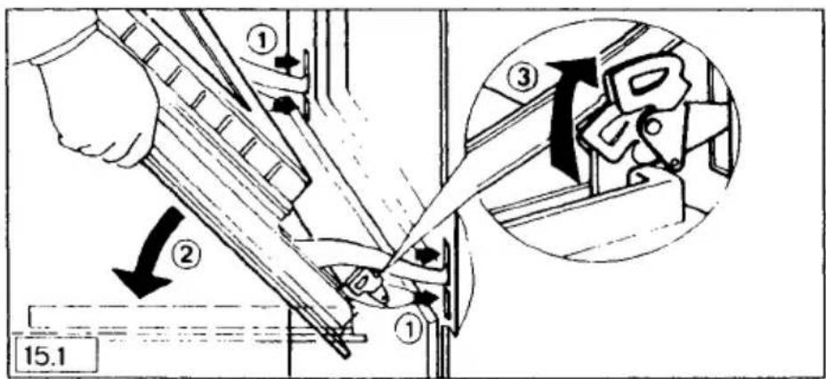 Technical diagram showing mechanical assembly steps with numbered components and directional arrows indicating motion