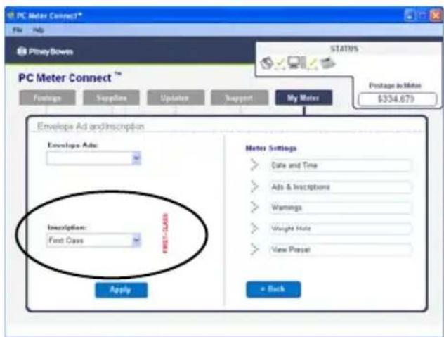 PC Meter Connect File Help PitneyDown STATUS PC Meter Connect™ Postage Supplure Updates Support My Meters Envelope Ad and Inscription Envelope Ads: Inscription: First Class First Class Apply Meter Settings Date and Time Ads & Inscriptions Warnings Weight Note View Preset + Back $334.679
