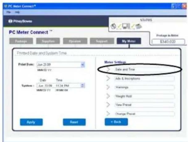 PC Meter Connect File Help Proxy Stores STATUS PC Meter Connect™ Package Supplies Options Support My Meter Printed Date and System Time Print Date: Jun 23.09 MMSD Y/Y Date Time System: Jun 23.09 11:24 PM MMSD Y/Y 3PMM 04 Apply Reset Meter Settings Date and Time Adv & Inscriptions Warnings Weight Hall View Press Change Press + Back
