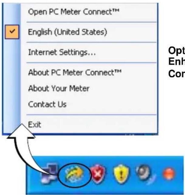 Open PC Meter Connect™ English (United States) Internet Settings... About PC Meter Connect™ About Your Meter Contact Us Exit