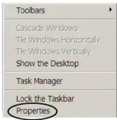 Toolbars Cascade Windows Tie Windows Horizontally Tie Windows Vertically Show the Desktop Task Manager Lock the Taskbar Properties