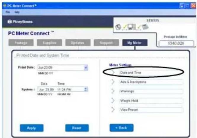 PC Meter Connect File Help PitneyDowns PC Meter Connect™ Starts Footage Supplies Updates Support My Meter Package in Meter $340.026 Printed Date and System Time Print Date: Jul-23 09 MM-DD Y/Y System1: Date Time Jun-23 09 11:24 PM MM-DD Y/Y W/H/M KM Apply Reset Motor Settings Date and Time Ads & Inscriptions Wramings Weight Hold View Preset < Back
