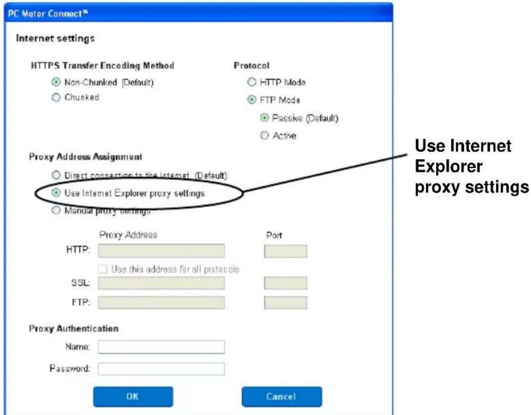 PC Meter Connect™ Internet settings HTTPS Transfer Encoding Method Non-Chunked (Default) Chunked Protocol HTTP Mode FTP Mode Passive (Default) Active Proxy Address Assignment Direct connection to the Internet (Default) Use Internet Explorer proxy settings Manual proxy settings. Proxy Address Port HTTP: Use this address for all protocols SSL: FTP: Proxy Authentication Name: Password: OK Cancel Use Internet Explorer proxy settings