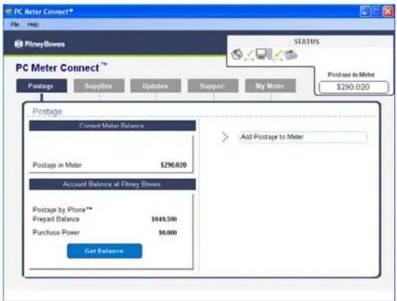 PC Meter Connect™ File Help PitneyBowes STATUS PC Meter Connect™ Postage Supplies Updates Support My Meter Postage in Meter $290.020 Postage Current Meter Balance Postage in Meter $290.020 Account Balance at Pitney Bowes Postage by Phone™ Prepaid Balance $949.590 Purchase Power $0.000 Get Balance Add Postage to Meter