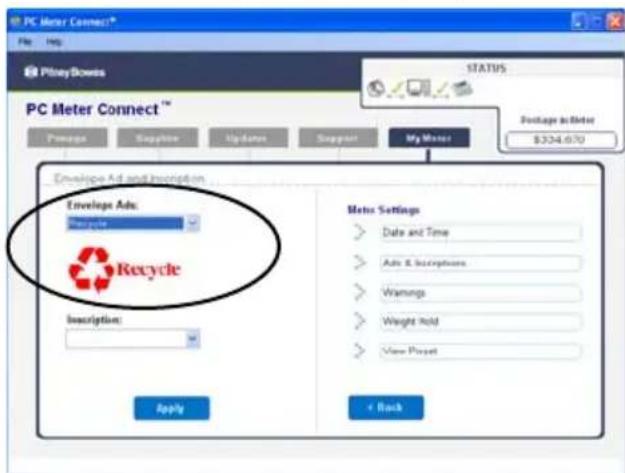 PC Meter Connect File Help PitsDowns STATUS PC Meter Connect™ Package Setup Updates Support My Move Package size: $324.670 Envelope Ad and Inscription Envelope Ads: Recycle Recycle Description: Apply Meters Settings Date and Time Ads & Inscriptions Warnings Weight Hold View Pocket < Back