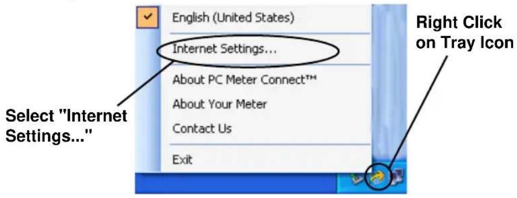 English (United States) Internet Settings... About PC Meter Connect™ About Your Meter Contact Us Exit Right Click on Tray Icon Select "Internet Settings..."