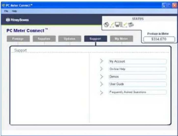 PC Meter Connect™ File Help PitneyBowes STATUS PC Meter Connect™ Package Supplies Updates Support My Meter Passage in Meter $334.670 Support My Account Online Help Demos User Guide Frequently Asked Questions