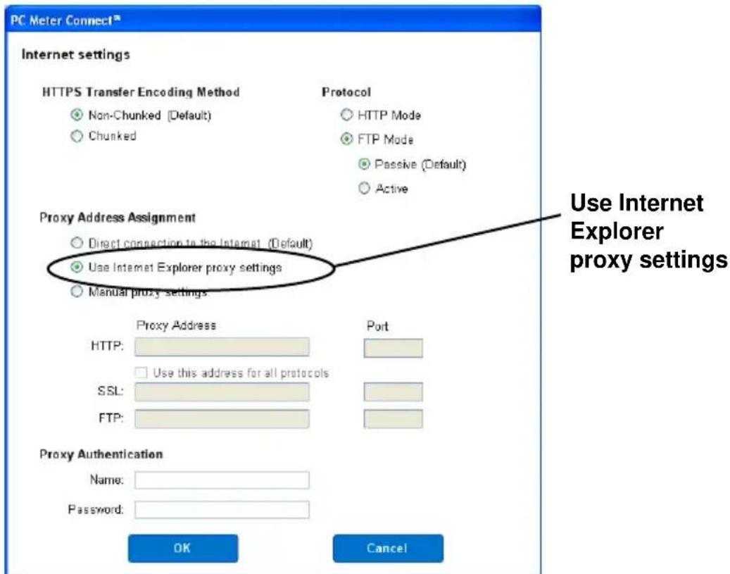 PC Meter Connect™ Internet settings HTTPS Transfer Encoding Method Non-Chunked (Default) Chunked Protocol HTTP Mode FTP Mode Passive (Default) Active Proxy Address Assignment Direct connection to the Internet (Default) Use Internet Explorer proxy settings Manual proxy settings Proxy Address Port HTTP: Use this address for all protocols SSL: FTP: Proxy Authentication Name: Password: OK Cancel Use Internet Explorer proxy settings