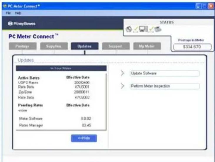 PC Meter Connect™ File Help PitneyBowes STATUS PC Meter Connect™ Postage Supplies Updates Support My Meter Postage in Meter $314.670 Updates In Your Meter Active Rates Effective Date USPCI Rates 20003406 Rate Data K7US001 ZipZone 20009611 Rate Data K7US002 Pending Rates Effective Date -none Meter Software $0.02 Rates Manager 03.45 <+16ide > Update Software > Perform Meter Inspection
