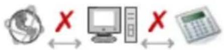 Diagram showing four icons: globe, monitor, tower, and calculator with red X marks indicating error or absence.