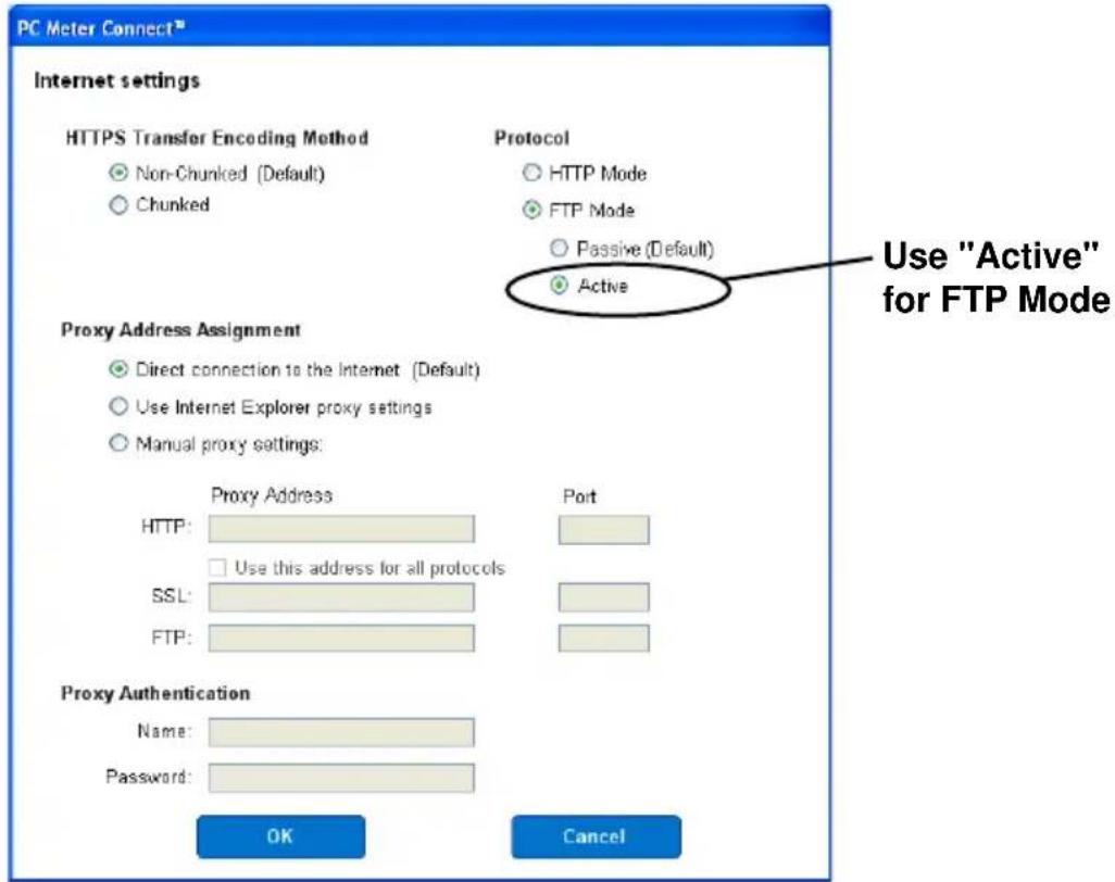 PC Meter Connect™ Internet settings HTTPS Transfer Encoding Method Non-Chunked (Default) Chunked Protocol HTTP Mode FTP Mode Passive (Default) Active Proxy Address Assignment Direct connection to the Internet (Default) Use Internet Explorer proxy settings Manual proxy settings: Proxy Address Port HTTP: Use this address for all protocols SSL: FTP: Proxy Authentication Name: Password: OK Cancel