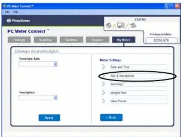 PC Meter Connect File Help Pimoy Boxes STATUS PC Meter Connect™ Package Supplies Updates Support My Meter Package in Maine $334.670 Envelope Ad and Inscription Envelope Ads: Inscription: Apply Meters Settings Date and Time Ads & Inscriptions Warnings Weight Hold View Preset + Back