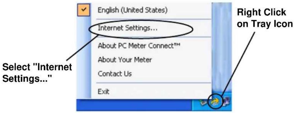 English (United States) Internet Settings... About PC Meter Connect™ About Your Meter Contact Us Exit Right Click on Tray Icon Select "Internet Settings..."