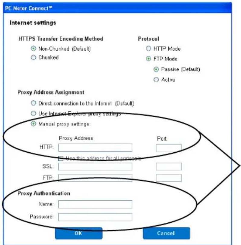 PC Meter Connect™ Internet settings HTTPS Transfer Encoding Method Non-Chunked (Default) Chunked Protocol HTTP Mode FTP Mode Passive (Default) Active Proxy Address Assignment Direct connection to the Internet (Default) Use Internet Explorer proxy settings Manual proxy settings: Proxy Address Port HTTP: Use this address for all protocols SSL: FTP: Proxy Authentication Name: Password: OK Cancel