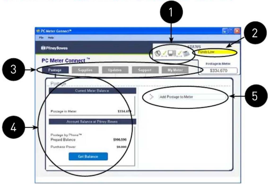 PC Meter Connect™ File Help PitneyBowes 1 2 3 Funds Low PC Meter Connect™ Postage Supplies Updates Support My Meter Postage in Meter $334.670 Add Postage to Meter Postage by Phone™ Prepaid Balance $990,590 Purchase Power $0,000 Get Balance 4 5