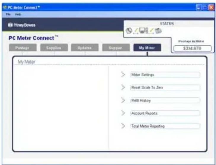 PC Meter Connect™ File Help PitneyBowes STATUS PC Meter Connect™ Package Supplies Updates Support My Meter My Meter Meter Settings Reset Scale To Zero Fail History Account Reports Total Meter Reporting Package in Meter $334,670