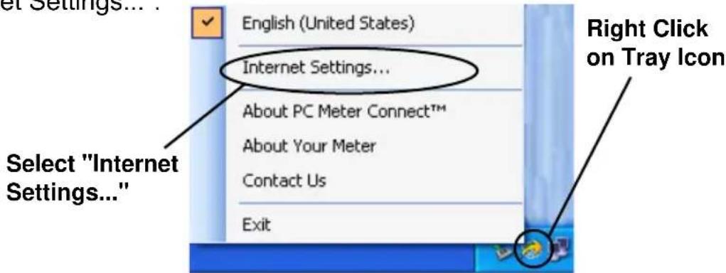 English (United States) Internet Settings... About PC Meter Connect™ About Your Meter Contact Us Exit Select "Internet Settings..." Right Click on Tray Icon