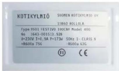 KOTIKYLMIÖ SUOMEN KOTIKYLMIÖ 0Y 1SB6D ROLLOLA type 9501 FESTIVO 100CNF Model 400 No 1643-001S13:928 U=230V I=0.9A P=173W 50Hz 1-CLASS N +R600a 75G -R500a 63G F1 CE