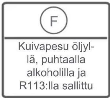 F Kuivapesu öljyl- lä, puhtaalla alkoholilla ja R113:lla sallittu