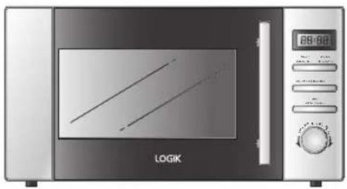 Illustration of a LOGIK microwave oven with control panel and display (no text or symbols on main body)