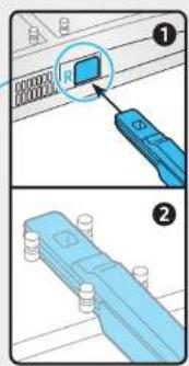 Diagram showing two-step installation of a blue mechanical component with labeled parts and a magnified detail view.