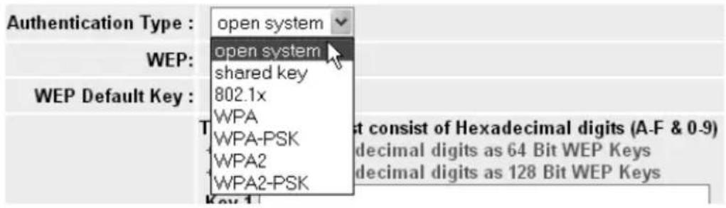 Authentication Type : open system WEP: open system shared key 802.1x WPA WPA-PSK WPA2 WPA2-PSK WEP Default Key : T st consist of Hexadecimal digits (A-F & 0-9) decimal digits as 64 Bit WEP Keys decimal digits as 128 Bit WEP Keys Key 1