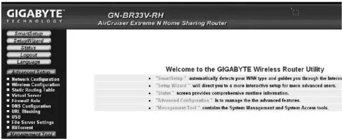 GIGABYTE GN-BR33V-RH - Reitittimen konfigurointivalikon avaaminen - 3