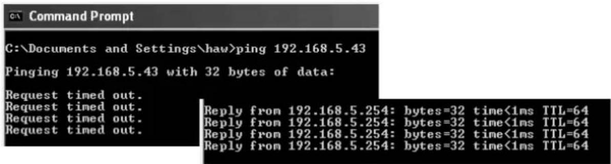 C:\Documents and Settings\haw>ping 192.168.5.43 Pinging 192.168.5.43 with 32 bytes of data: Request timed out. Request timed out. Request timed out. Request timed out. Reply from 192.168.5.254: bytes=32 time<1ms TTL=64 Reply from 192.168.5.254: bytes=32 time<1ms TTL=64 Reply from 192.168.5.254: bytes=32 time<1ms TTL=64 Reply from 192.168.5.254: bytes=32 time<1ms TTL=64
