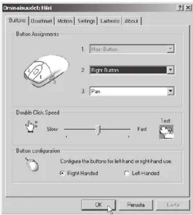 Ominaisuudet: Hiri Buttons | Osoiltmet | Motion | Settings | Laitesto | About | Button Assignments 1. Main Button 2. Right Button 3. Pan Double Click Speed Slow Fast Test Button configuration Configure the buttons for left-hand or right-hand use. Right-Handed Left-Handed OK Peruuta Keyta