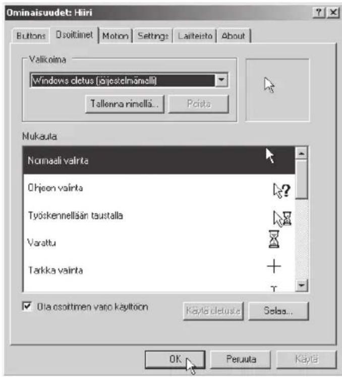 Ominaisuudet: Hiiri Buttons Dsoitimet Motion Settings Laiteisto About Valikoima Windows cletus (äjistelmämalli) Tallenna rimellä... Pösta Mukaula Normali valirta Ohjeen valirta Työskennellään taustalla Varattu Tarkka valirta ? + - ✓ Ota osoitmen varo käyttöön Käytä cletuste Selba... OK Peruuta Käytä