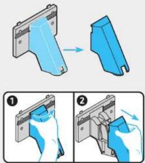 Illustration showing two-step assembly process of a blue mechanical component, with numbered steps and directional arrows.