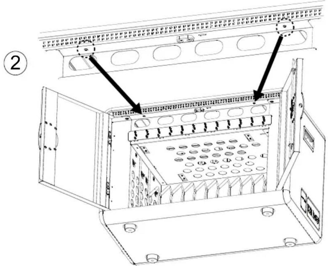 Technical diagram of an electrical enclosure with labeled components and directional arrows indicating assembly or installation.