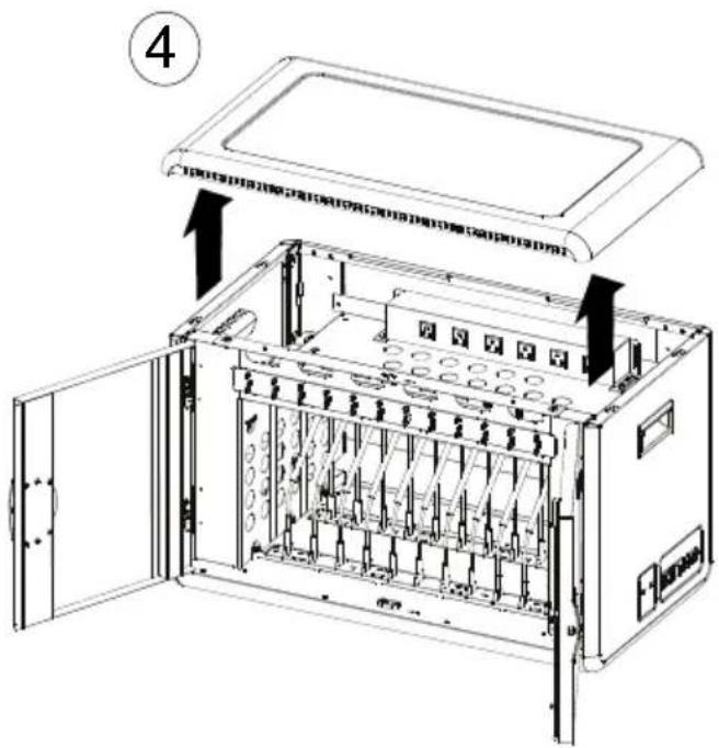 Technical diagram of an electrical enclosure with labeled components and directional arrows indicating assembly or installation.