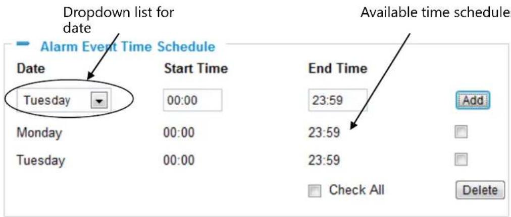 Dropdown list for date Alarm Event Time Schedule Date Tuesday Start Time 00:00 Monday 00:00 Tuesday 00:00 End Time 23:59 23:59 23:59 Check All Available time schedules: Add Delete