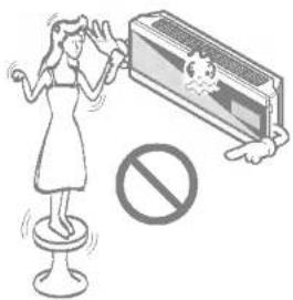 Illustration showing a person standing on a stool next to a wall-mounted device with a prohibition symbol below.