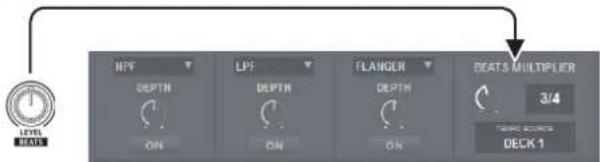 MPF DEPTH ON LPF DEPTH ON FLANGER DEPTH ON BEATS MULTIPLIER 3/4 TEAMS MULTIPLES DECK 1