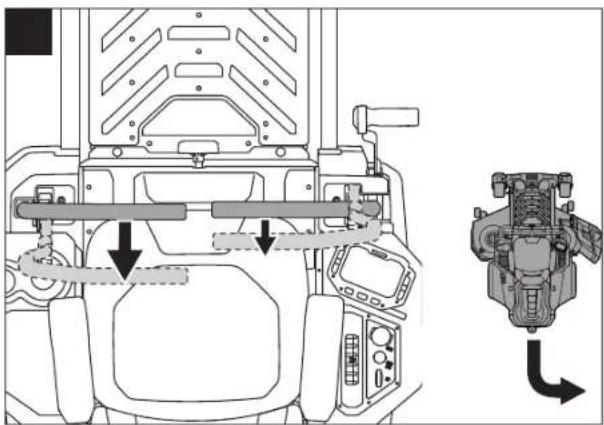 Technical diagram of a vehicle's internal components with directional arrows indicating movement or assembly.
