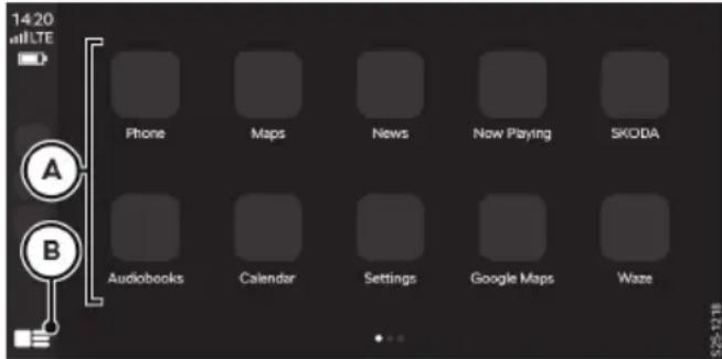 14:20 u#LTE Phone Maps News Now Playing SKODA Audiobooks Calendar Settings Google Maps Waze