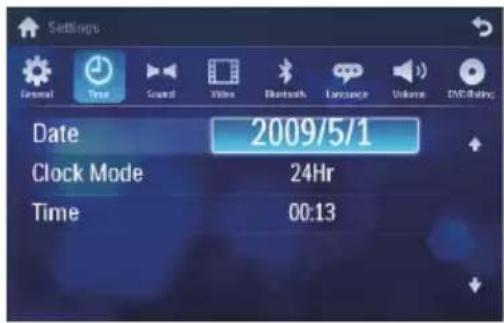 Settings General Time Second Video Bluetooth Language Volume ENT/Rating Date 2009/5/1 Clock Mode 24Hr Time 00:13